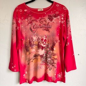 Vintage Cactus Red Christmas‎ Cottagecore 3/4 Sleeve Rhinestone Santa Tee Large